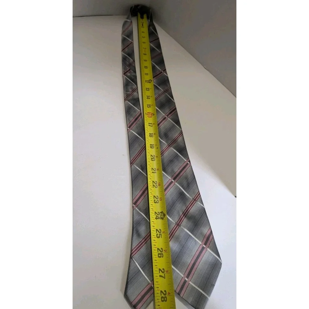 George Mens Silk Necktie Grey Burgundy White Plaid Striped Handmade Classic Tie